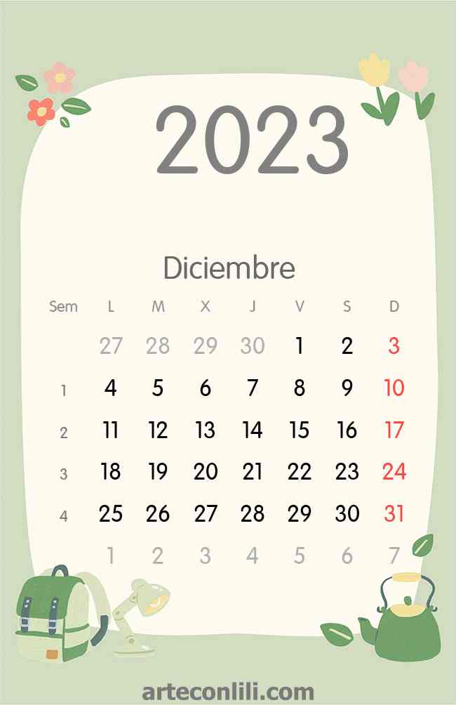 Calendario 2023 colegio verde diciembre